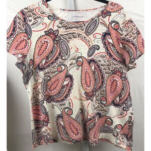 Croft & Barrow Top Women PXL Orange Paisley 100% Cotton Stretch Classic Tee